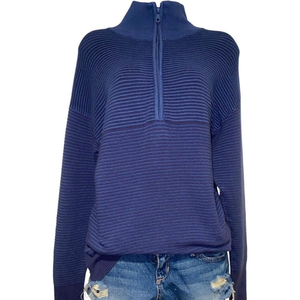 Aerie navy blue ribbed knit quarter zip sweater with a relaxed fit